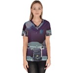 Alien Astronaut Scene Women s V-Neck Scrub Top