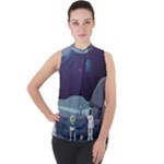 Alien Astronaut Scene Mock Neck Chiffon Sleeveless Top