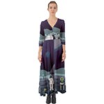 Alien Astronaut Scene Button Up Boho Maxi Dress