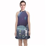 Alien Astronaut Scene Velvet Halter Neckline Dress 
