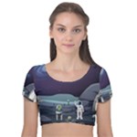 Alien Astronaut Scene Velvet Short Sleeve Crop Top 