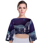 Alien Astronaut Scene Tie Back Butterfly Sleeve Chiffon Top