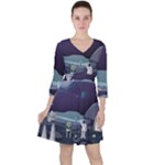 Alien Astronaut Scene Quarter Sleeve Ruffle Waist Dress
