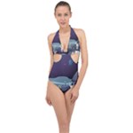 Alien Astronaut Scene Halter Front Plunge Swimsuit