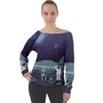 Alien Astronaut Scene Off Shoulder Long Sleeve Velour Top