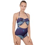 Alien Astronaut Scene Scallop Top Cut Out Swimsuit