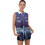 Alien Astronaut Scene Sleeveless Chiffon Button Shirt