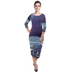 Alien Astronaut Scene Quarter Sleeve Midi Velour Bodycon Dress