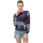 Alien Astronaut Scene Banded Bottom Chiffon Top