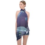 Alien Astronaut Scene Halter Asymmetric Satin Top