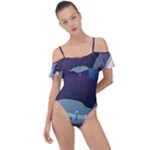 Alien Astronaut Scene Frill Detail One Piece Swimsuit