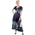 Alien Astronaut Scene Button Up Short Sleeve Maxi Dress