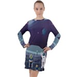 Alien Astronaut Scene Long Sleeve Hoodie Dress