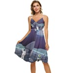 Alien Astronaut Scene Sleeveless Tie Front Chiffon Dress
