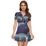 Alien Astronaut Scene V-Neck High Waist Chiffon Mini Dress