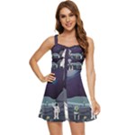 Alien Astronaut Scene Ruffle Edge Bra Cup Chiffon Mini Dress