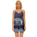 Alien Astronaut Scene V-Neck Satin Pajamas Set