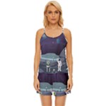 Alien Astronaut Scene Satin Pajama Short Set