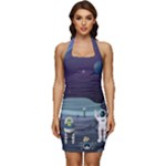 Alien Astronaut Scene Sleeveless Wide Square Neckline Ruched Bodycon Dress