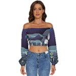 Alien Astronaut Scene Long Sleeve Crinkled Weave Crop Top