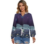 Alien Astronaut Scene Women s Long Sleeve Button Up Shirt