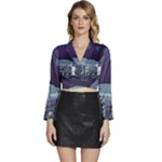 Alien Astronaut Scene Long Sleeve Tie Back Satin Wrap Top