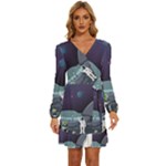 Alien Astronaut Scene Long Sleeve Waist Tie Ruffle Velvet Dress