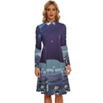 Alien Astronaut Scene Long Sleeve Shirt Collar A-Line Dress