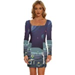 Alien Astronaut Scene Long Sleeve Square Neck Bodycon Velvet Dress