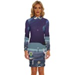 Alien Astronaut Scene Long Sleeve Shirt Collar Bodycon Dress