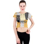 Seamless Pattern Cute Cat Cartoons Crew Neck Crop Top