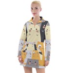 Seamless Pattern Cute Cat Cartoons Women s Long Sleeve Casual Dress