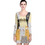 Seamless Pattern Cute Cat Cartoons Long Sleeve Velvet Bodycon Dress