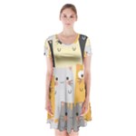 Seamless Pattern Cute Cat Cartoons Short Sleeve V-neck Flare Dress
