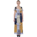Seamless Pattern Cute Cat Cartoons High Waist Short Sleeve Maxi Dress