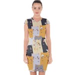 Seamless Pattern Cute Cat Cartoons Capsleeve Drawstring Dress 