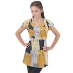 Seamless Pattern Cute Cat Cartoons Puff Sleeve Tunic Top