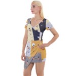 Seamless Pattern Cute Cat Cartoons Short Sleeve Asymmetric Mini Dress