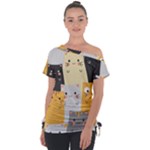 Seamless Pattern Cute Cat Cartoons Off Shoulder Tie-Up T-Shirt