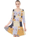 Seamless Pattern Cute Cat Cartoons Quarter Sleeve Front Wrap Dress