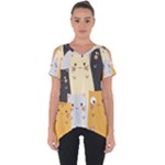 Seamless Pattern Cute Cat Cartoons Cut Out Side Drop T-Shirt