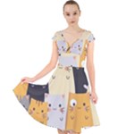 Seamless Pattern Cute Cat Cartoons Cap Sleeve Front Wrap Midi Dress