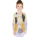 Seamless Pattern Cute Cat Cartoons Kids  Long Sleeve T-Shirt