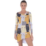 Seamless Pattern Cute Cat Cartoons Asymmetric Cut-Out Shift Dress