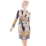 Seamless Pattern Cute Cat Cartoons Button Long Sleeve Dress