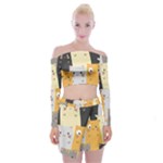 Seamless Pattern Cute Cat Cartoons Off Shoulder Top with Mini Skirt Set