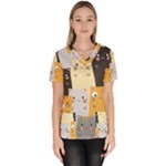 Seamless Pattern Cute Cat Cartoons Women s V-Neck Scrub Top
