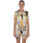 Seamless Pattern Cute Cat Cartoons Satin Short Sleeve Pajamas Set