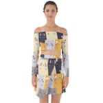 Seamless Pattern Cute Cat Cartoons Off Shoulder Top with Skirt Set