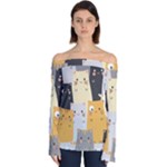 Seamless Pattern Cute Cat Cartoons Off Shoulder Long Sleeve Top